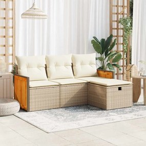 4 pcs conjunto de sofás para jardim c/ almofadões vime PE bege