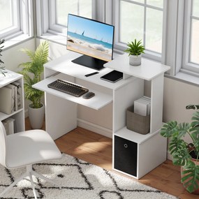 Secretária com prateleiras, tabuleiro, teclado e cesto preto; painéis de aglomerado branco