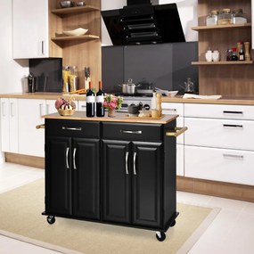 Carrinho para ilha de cozinha com tampo de madeira Estantes ajustáveis 2 gavetas grandes 122 x 48 x 92,5 cm Preto
