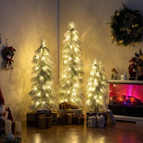 Conjunto de 3 árvores de Natal artificiais de 90 cm, 120 cm e 150 cm pré-iluminadas com pontas nevadas 30, 50 e 70 luzes verdes