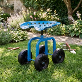 Assento de Jardim com Rodas, 45 x 46,5 x 40-50 cm, Altura Regulável, Azul