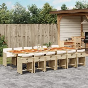 13 pcs conjunto de jantar p/ jardim com almofadões vime PE bege