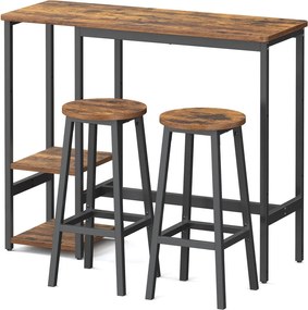 Conjunto de mesa de bar com prateleira, com 2 bancos, estrutura metálica castanho-preto