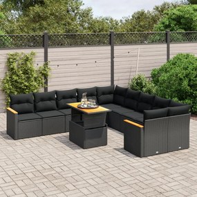 11 pcs conjunto sofás de jardim c/ almofadões vime PE preto