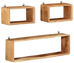 3 pcs conj. prateleiras parede cúbicas madeira de acácia maciça