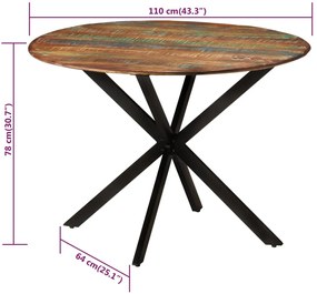 Mesa de jantar Ø110x78 cm madeira recuperada maciça e aço