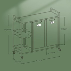 Carrinho para roupa suja com 2 compartimentos e arrumação 87 x 33 x 80,5 cm castanho + preto + cinzento