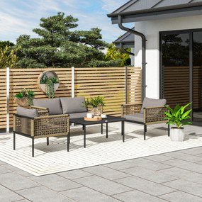Conjunto de Jardim de Vime Sintético de 4 Peças Inclui 1 Sofá Duplo 2 Cadeiras e Mesa de Centro com Almofadas Madeira e Cinzento