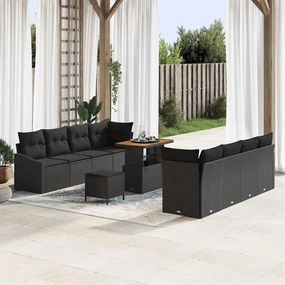 Conjunto de Sofá de Jardim de 11 Peças com Almofadas Preto Rattan Polipropileno Acácia