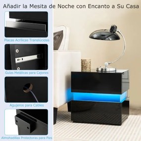 Mesa de cabeceira LED com gavetas Controlo remoto 22 modos dinâmicos Mesa de apoio moderna para sala de estar Quarto 45 x 35 x 45 cm Preto