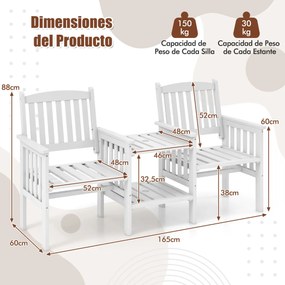 Banco de jardim exterior em madeira de abeto de 2 lugares 165 x 60 x 88 cm com mesa central de 2 níveis e orifício para guarda-sol de 5 cm para pátio
