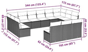 13 pcs conj. sofás jardim c/ almofadões vime PE cinzento-claro