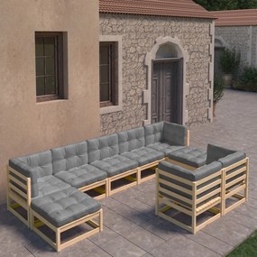 9 pcs conjunto lounge de jardim com almofadões pinho maciço