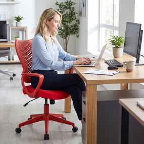 Cadeira de escritório ergonómica com braços, almofada acolchoada e encosto respirável, modelo «Borboleta», para estudar e trabalhar, vermelha
