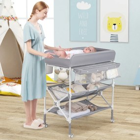 Mesa para trocar fraldas portátil dobrável com rodas impermeável altura ajustável e caixote do lixo para bebés Cinzento