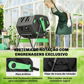Compostador Giratório 200L com Sistema de Ventilação e Base Metálica para Compostagem de Resíduos Orgânicos Verde
