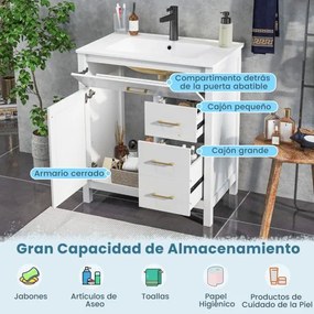 Armário de casa de banho com lavatório de cerâmica e arrumação com 2 gavetas e 2 portas branco