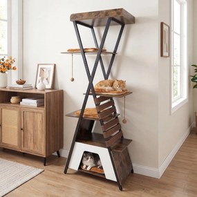 Arranhador para gatos de 185 cm, com vários níveis, 4 plataformas, almofadas, caverna, tapete para arranhar, elásticos e bolas suspensas, em Castanho