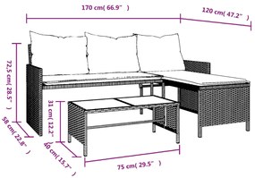 Sofá de jardim forma de L c/ mesa e almofadões vime PE castanho