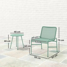 Conjunto de jardim de 3 peças para exterior em resina trançada e aço, mesa redonda de jardim com 2 cadeiras verde
