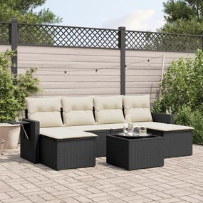 7 pcs conjunto de sofás p/ jardim c/ almofadões vime PE preto