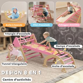 Triângulo de escalada infantil 8 em 1 com rampa de dupla face, arco de escalada em madeira com escorrega e escada, cor-de-rosa
