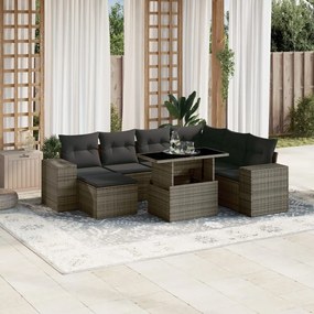 8 pcs conjunto sofás de jardim c/ almofadões vime PE cinzento