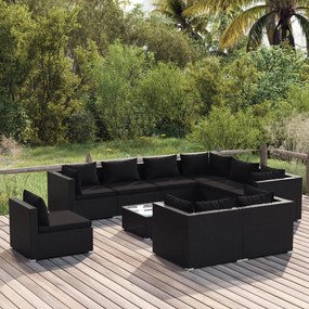 vidaXL 10 pcs conjunto lounge de jardim c/ almofadões vime PE preto