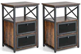 Conjunto 2 Mesa de cabeceira ou Mesas apoio 61 cm x 40 cm x 35 cm com 3 níveis  industrial e 2 gavetas rebatíveis Estante aberta Castanho
