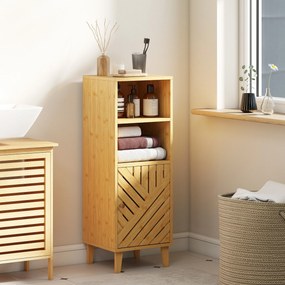 Armário de Casa de Banho Estreito Móvel Auxiliar de Casa de Banho 32x30x90 cm com 2 Prateleiras Abertas e Pés de Bambu Madeira