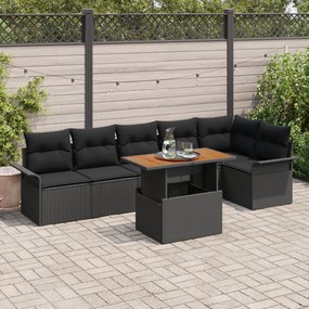 vidaXL Conjunto de Jantar de 7 Peças para Jardim com Almofadas Preto Rattan Polietileno Acácia