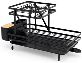 Conjunto de escorredor duplo e secador de louça, escorredor de metal de 2 camadas com suporte para utensílios cozinha Preto