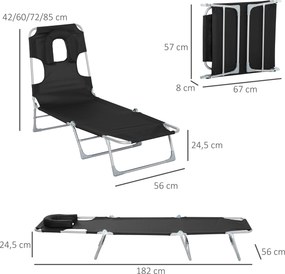 Espreguiçadeira de Jardim Reclinável e Dobrável com Orifício de Leitura Apoio para Cabeça e Encosto Ajustável em 5 Níveis para Praia 182x56x24,5 cm Pr