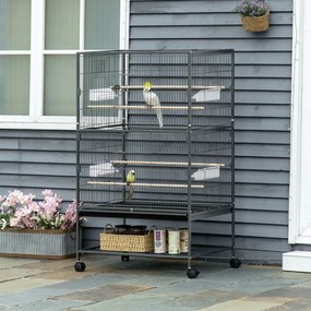 Gaiola para Aves com Suporte, 78 x 52 x 132 cm, 4 Poleiros em Madeira, Cinzento-escuro