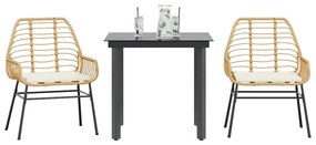 Conjunto jantar jardim 3 peças almofadas vidro vime PE castanho