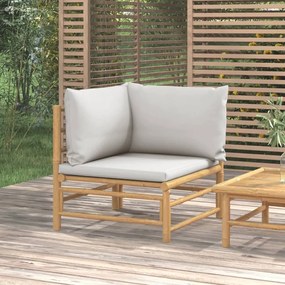 Sofá de canto para jardim bambu com almofadões cinzento-claro