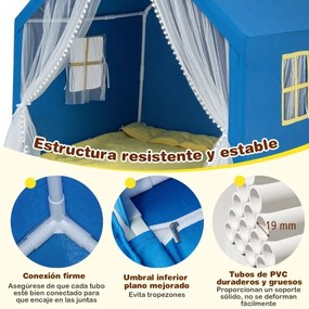 Tenda Infantil com Tapete de Algodão Lavável, Luzes de Estrelas e Janelas 122 x 105 x 125 cm Azul