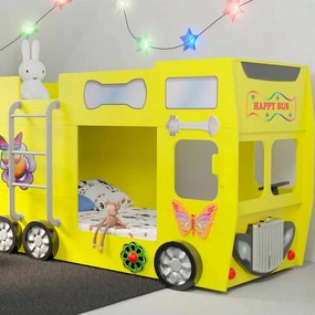 Cama para criança Beliche Autocarro 207 x 116 x 150 cm com Luzes LED 2 colchões e estrados incluídos, capacidade de 100 kg Amarelo