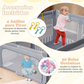 Parque infantil para bebés 127 x 127 x 72,5 cm.  com 50 bolas oceânicas e 4 pegas, com porta com fecho de correr para 0-3 anos. Cinza escuro