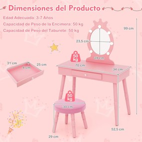 Conjunto de Toucador para Crianças com Espelho Iluminado de Princesa com Gaveta Ajustável com Brilho e Banco Almofadado Rosa