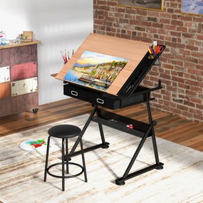 Mesa de desenho estirador ajustável em altura e ângulo 2 gavetas com banco Natural