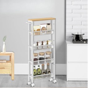 Carrinho de cozinha estreito com rodas e 5 prateleiras 13 x 45,4 x 99,6 cm branco + cor de carvalho