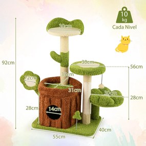 Arranhador para gatos para gatos com tronco, poleiro em forma de flor, cama, pompons, postes e painel para arranhar, verde e castanho