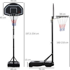 Cesto de Basquetebol para Exterior Altura Ajustável 160-210 cm com Rodas e Base Preenchível 76x48x254 cm Preto