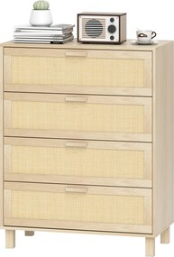 Cómoda com 4 gavetas em vime, 80 x 40 x 103 cm, MDF com acabamento em castanho claro
