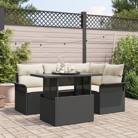 vidaXL Conjunto de Sofá de 5 Peças com Almofadas Rattan Poliéster Preto