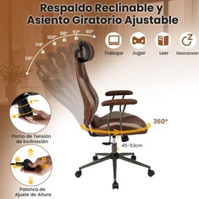 Cadeira ergonómica de escritório em tecido camurça com apoio para a cabeça 2D, encosto basculante, giratória e ajustável com rodas, castanha