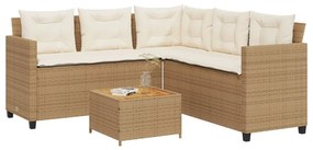 vidaXL Sofá de jardim forma de L c/ mesa e almofadões vime PE bege