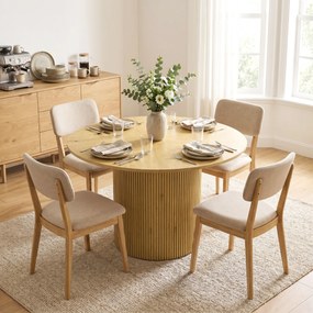 Mesa de Jantar Redonda Moderna 110x110x75 cm (CxLxA) para 4-6 Pessoas (CADEIRAS NÃO INCLUIDAS) com Base Cilíndrica Canelada Carvalho