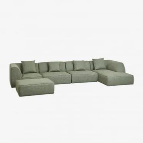 Sofá Modular Chaise Longue Direito De 4 Peças Com Puff Estofado Cardea Bouclé Verde Sálvia - Sklum
